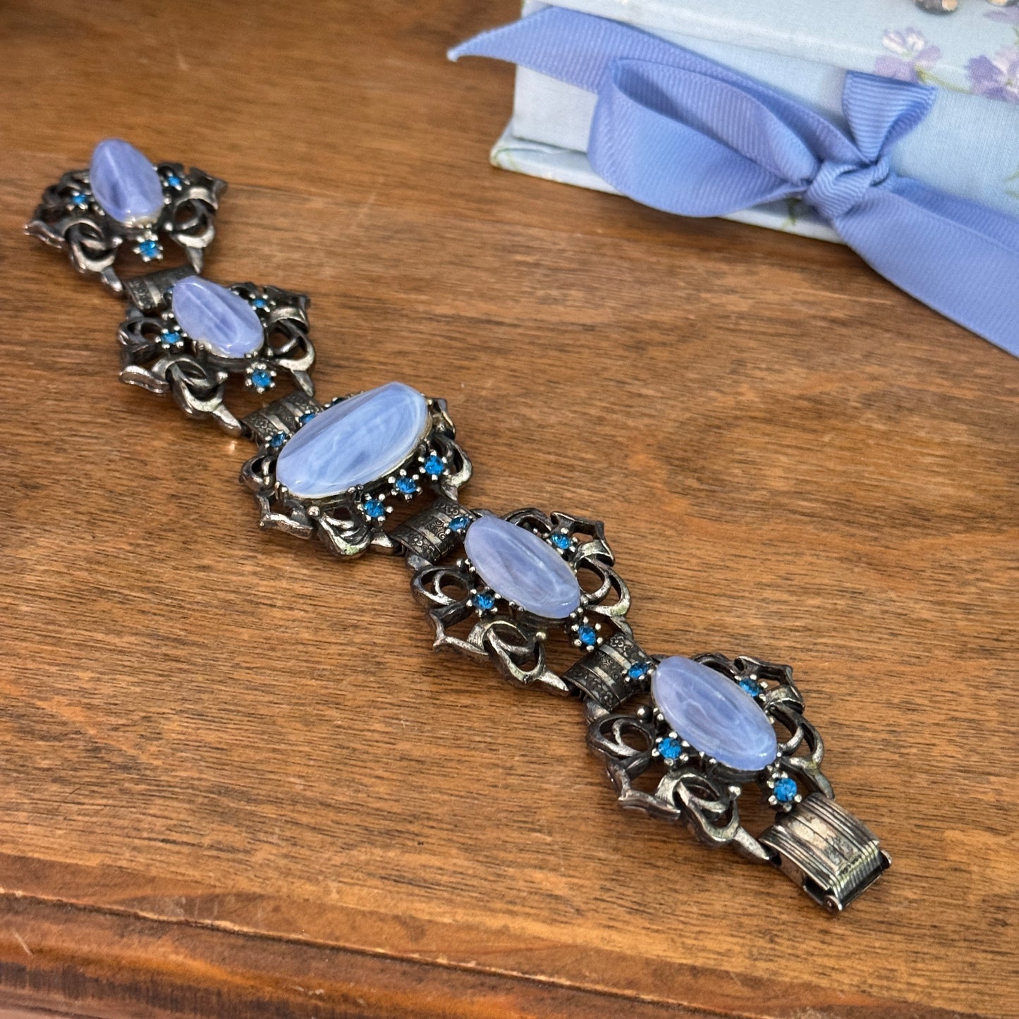Vintage Unsigned Selro Selini Blue Lucite and Rhinestone Bracelet