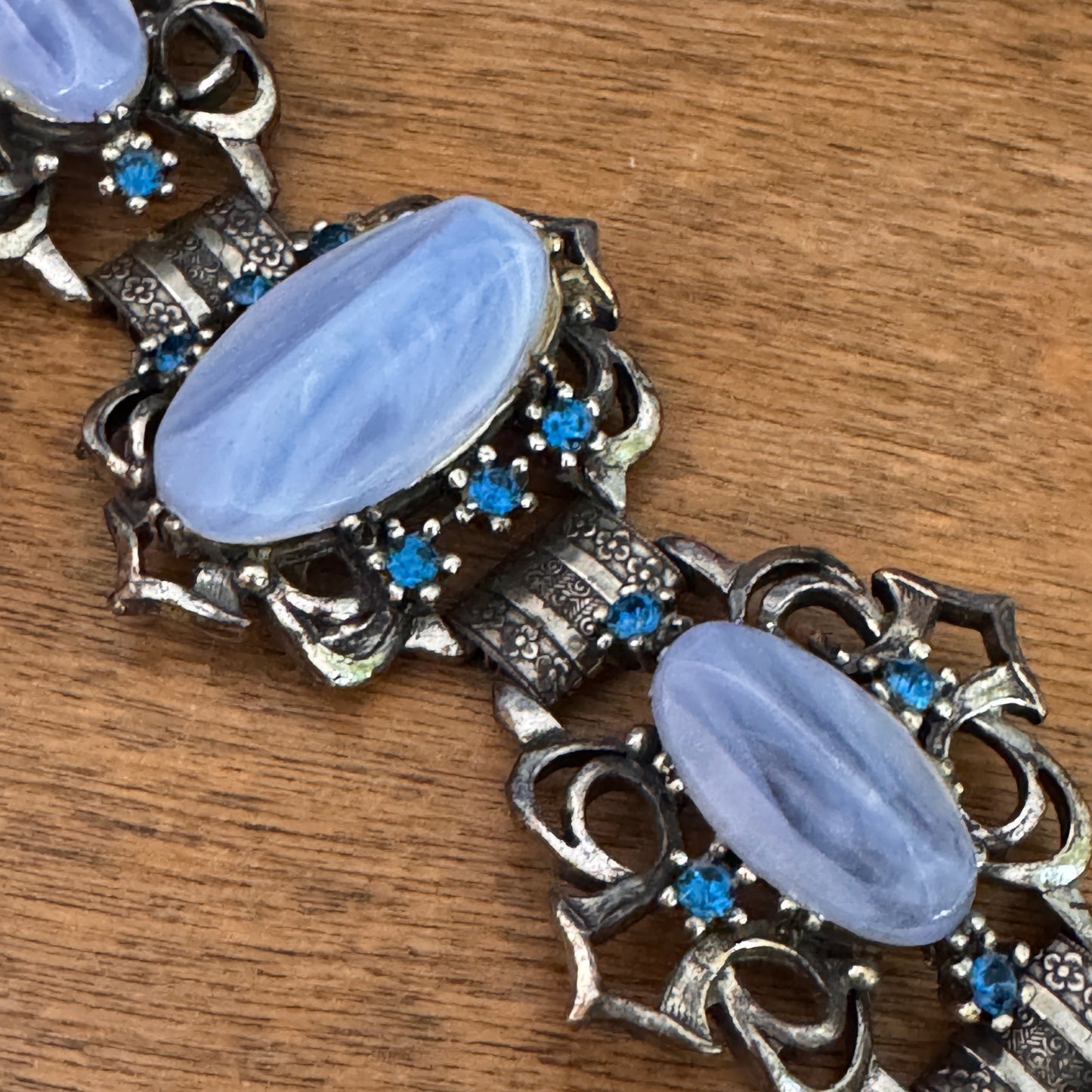 Vintage Unsigned Selro Selini Blue Lucite and Rhinestone Bracelet