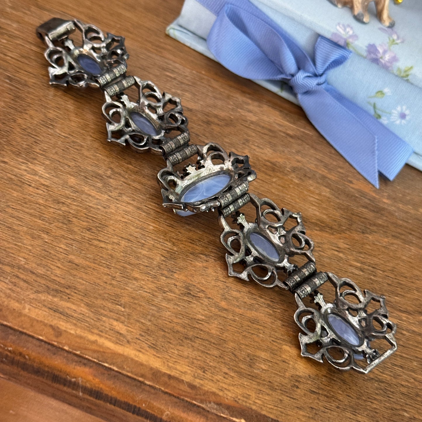 Vintage Unsigned Selro Selini Blue Lucite and Rhinestone Bracelet