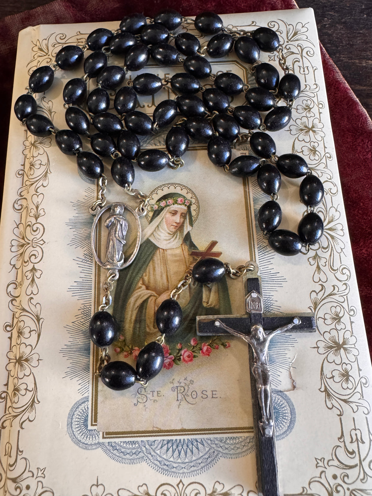 Vintage Italian Ebony Wood Mary Preying Rosary