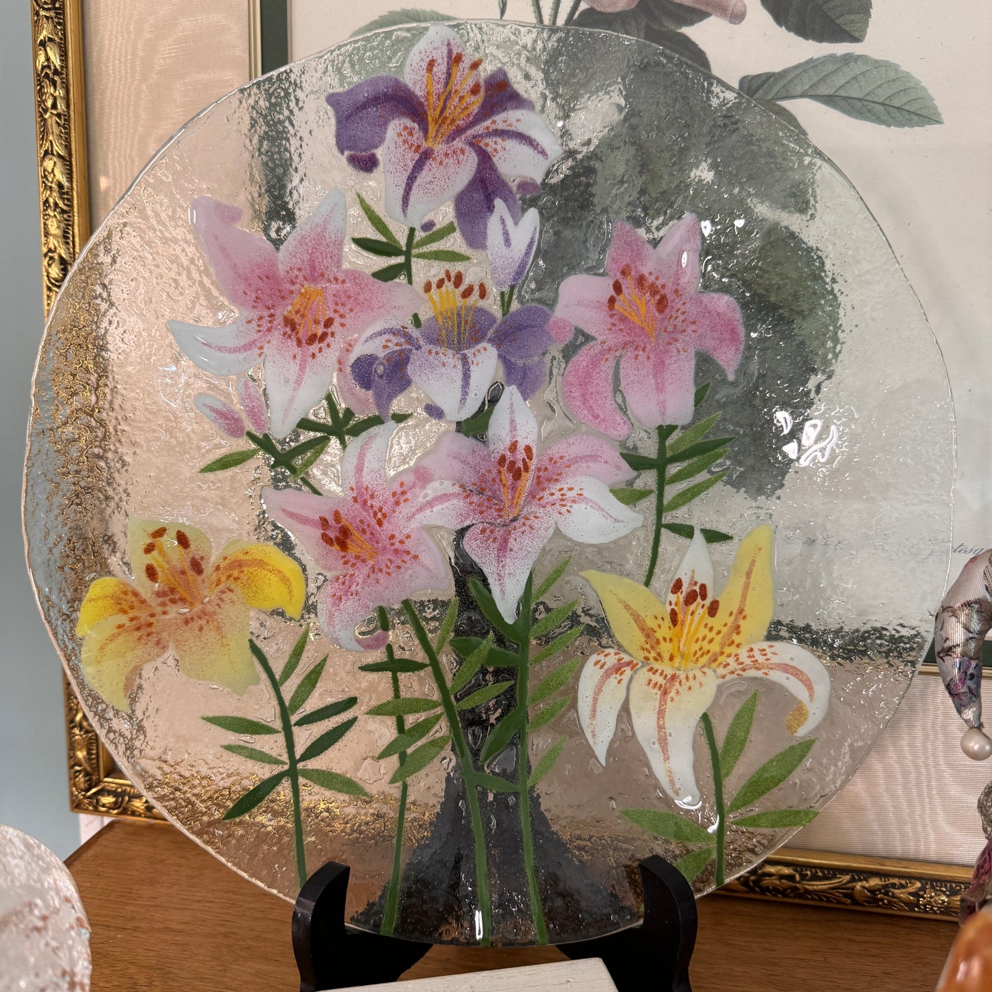 Ann C Ross Fused Art Glass Lillies Ruffled Edge Round Serving Plate