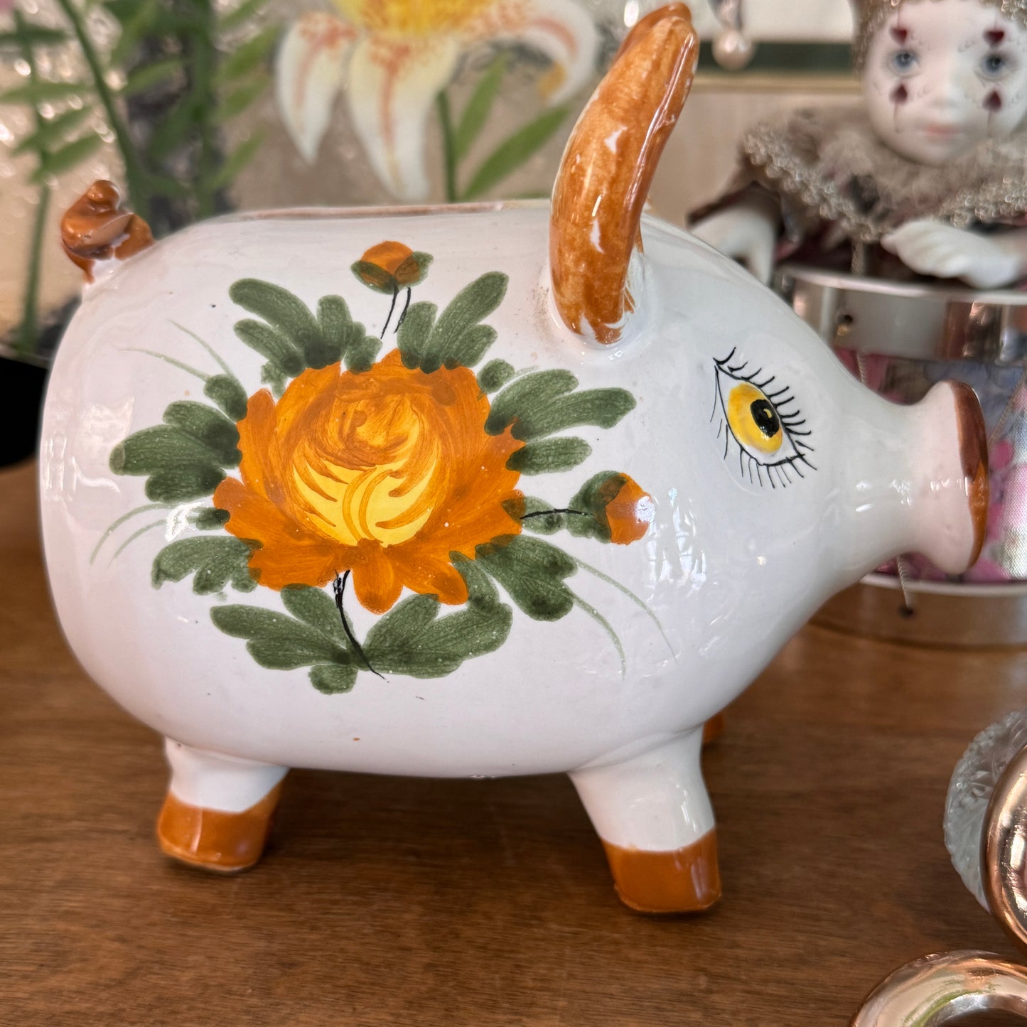 Vintage Italian Ceramic Floral Piggy Bank