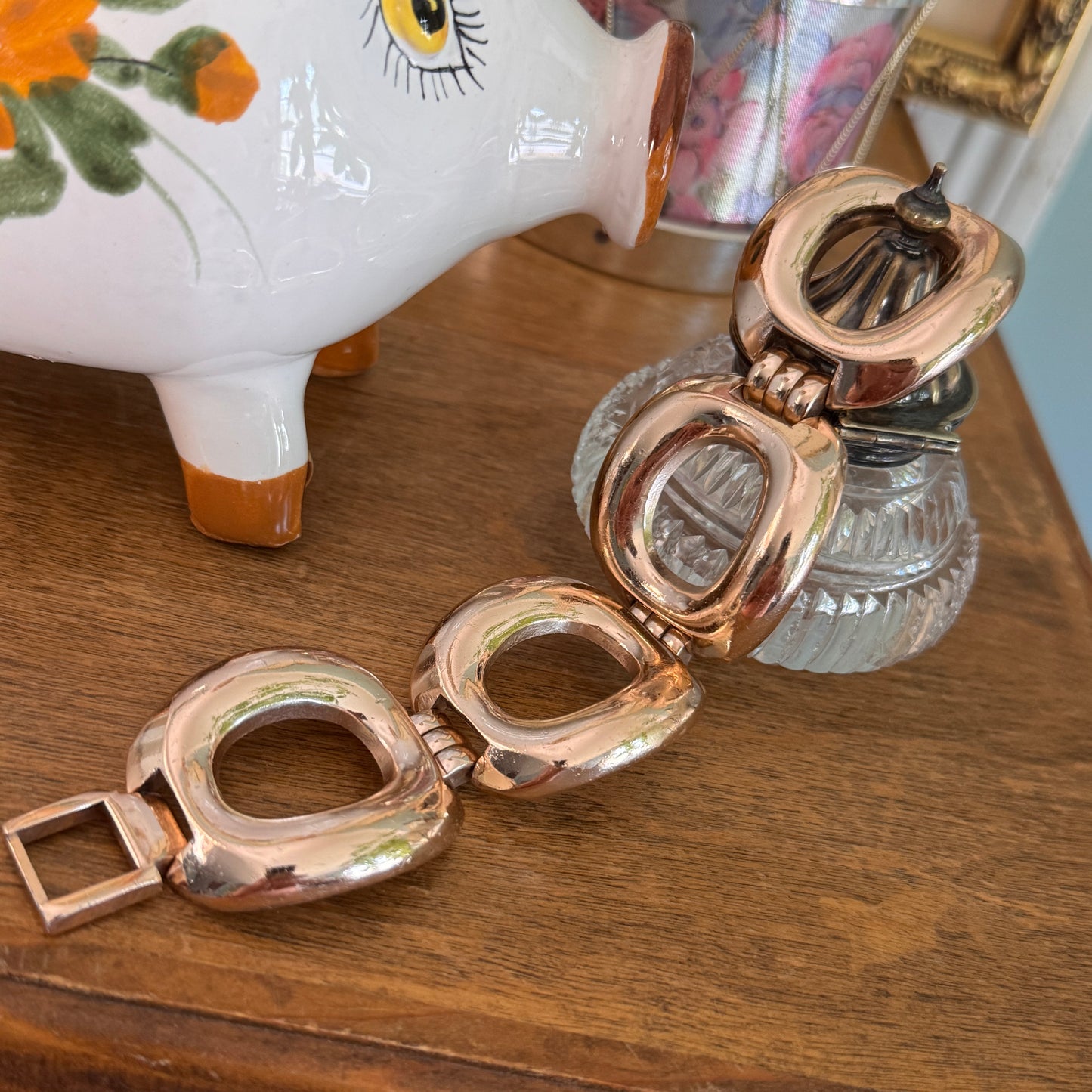 Mid Century Modern Swiss Rivo Rose Gold Plated Metal Bracelet