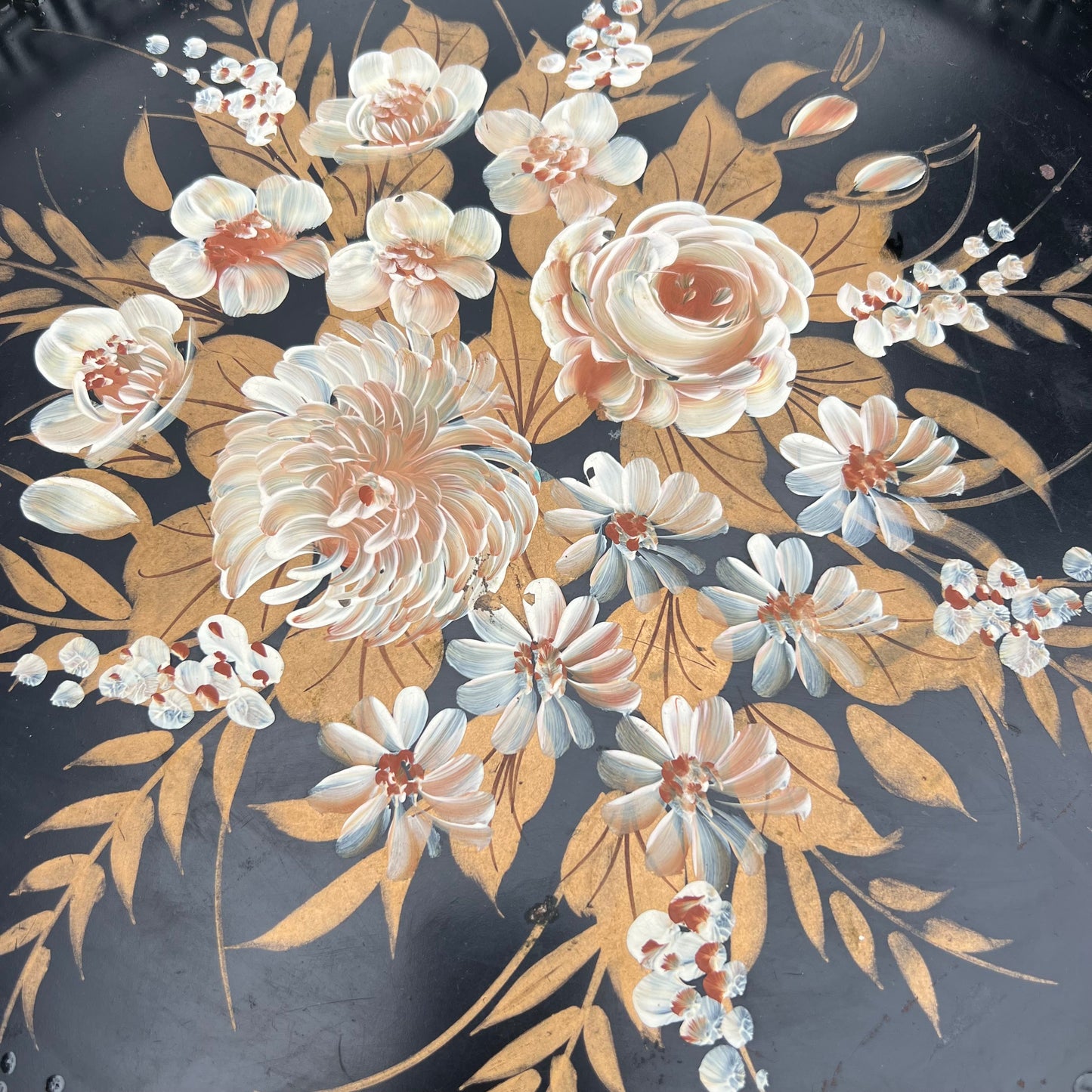 Vintage Hand Painted Round Floral Tole Tray