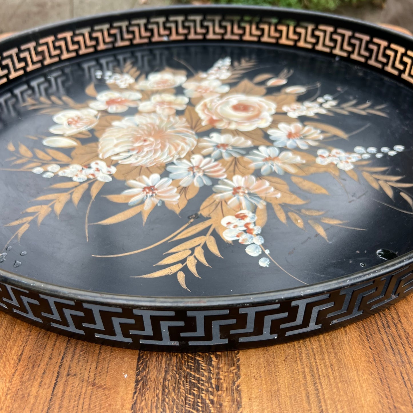 Vintage Hand Painted Round Floral Tole Tray