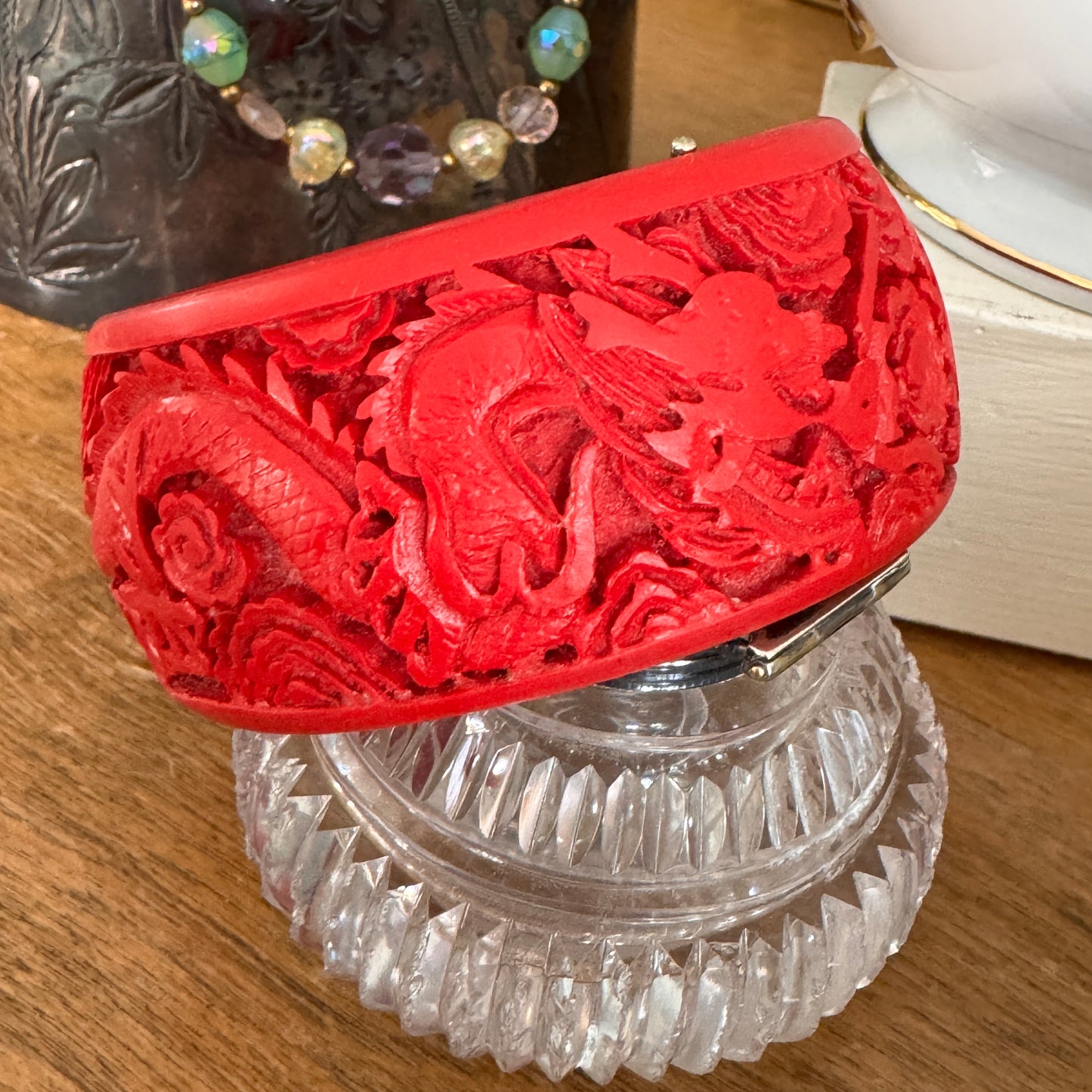 Vintage Wide Faux Red Cinnabar Eastern Dragon Bracelet