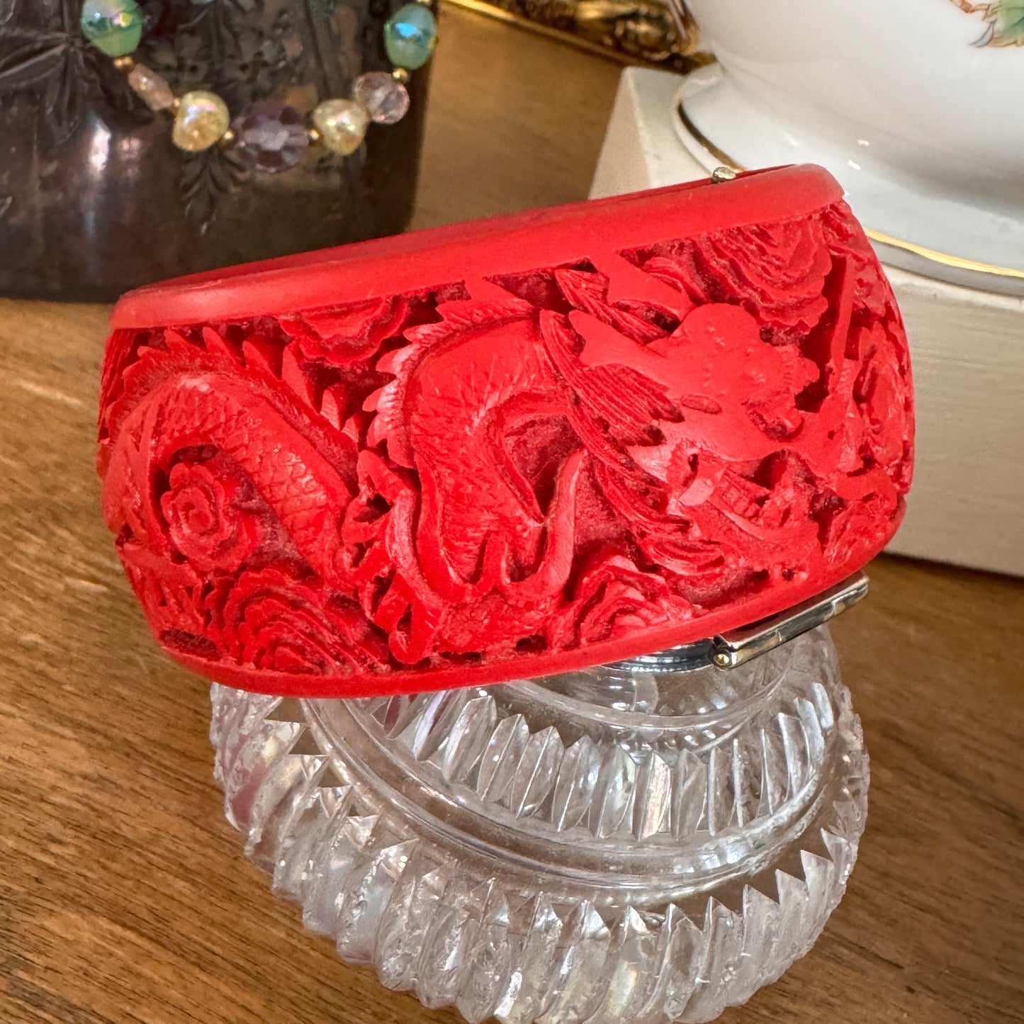Vintage Wide Faux Red Cinnabar Eastern Dragon Bracelet