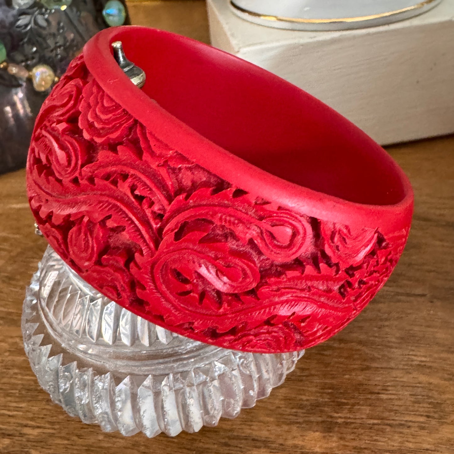 Vintage Wide Faux Red Cinnabar Eastern Dragon Bracelet