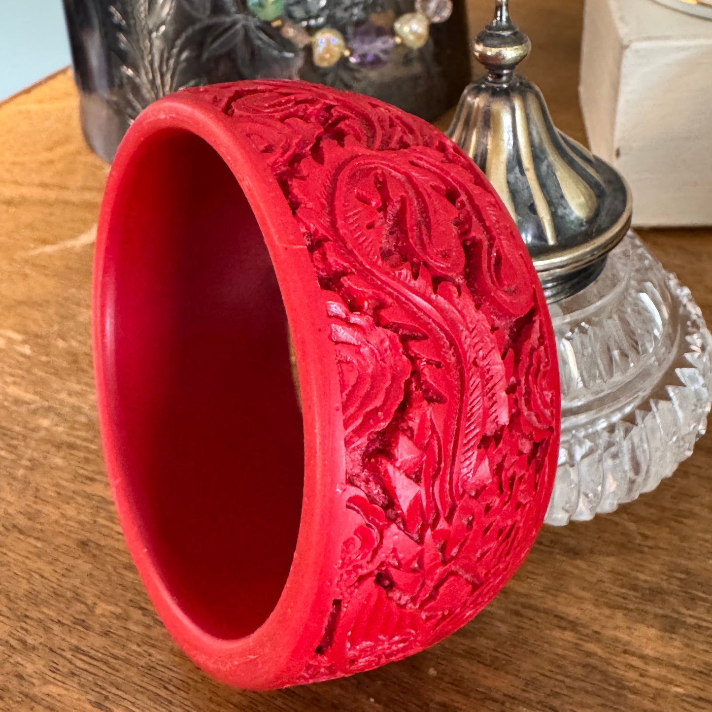 Vintage Wide Faux Red Cinnabar Eastern Dragon Bracelet