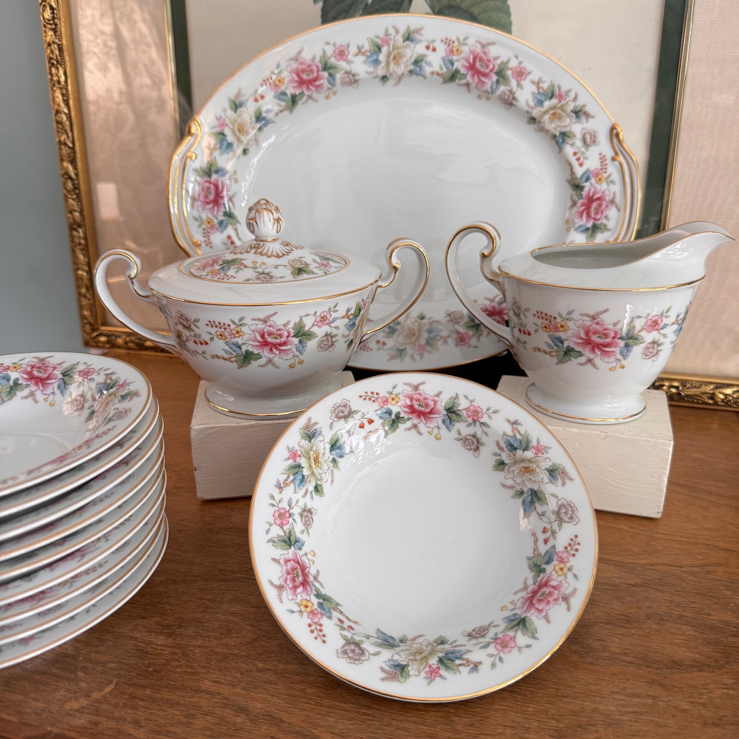 Noritake Nippon Toki Kaisha Floral Japanese Pedestal Sugar Bowl & Creamer 10 Fruit Bowls