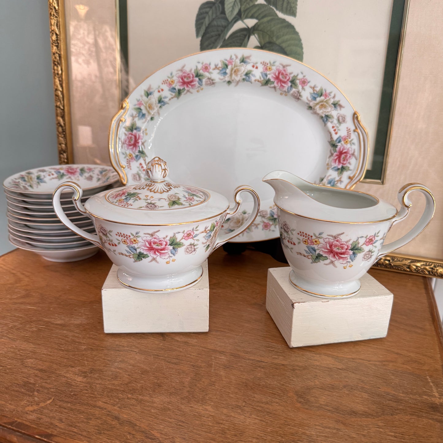 Noritake Nippon Toki Kaisha Floral Japanese Pedestal Sugar Bowl & Creamer 10 Fruit Bowls