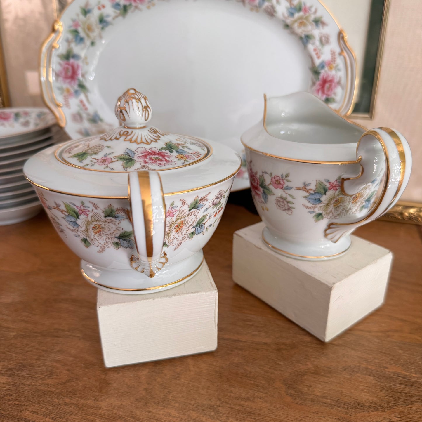 Noritake Nippon Toki Kaisha Floral Japanese Pedestal Sugar Bowl & Creamer 10 Fruit Bowls