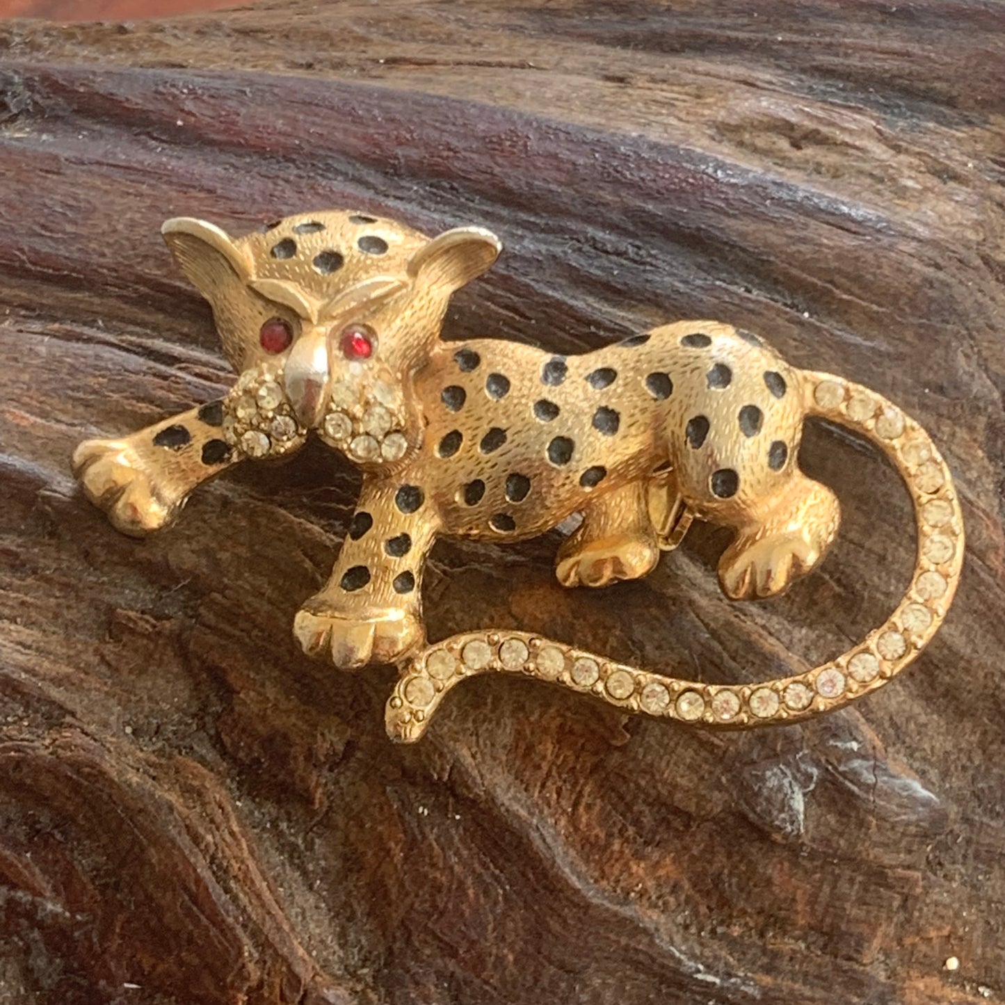 Vintage Signed JJ Rhinestone Leopard Cub Pin