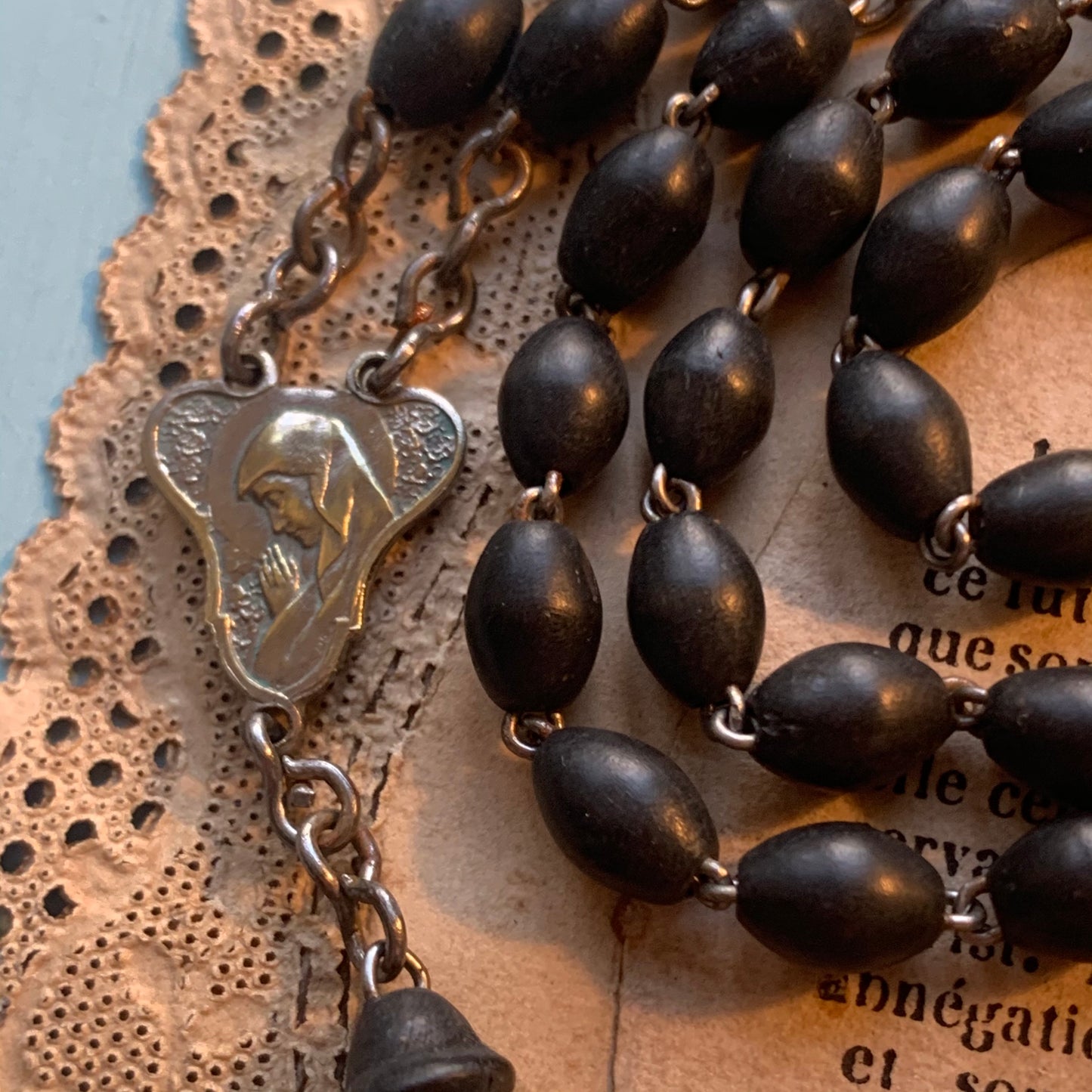 Art Deco French Black Wood Bead Rosary