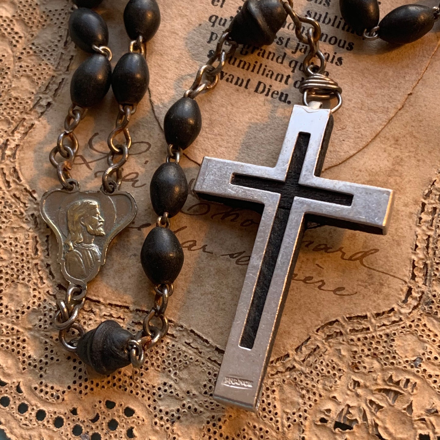 Art Deco French Black Wood Bead Rosary