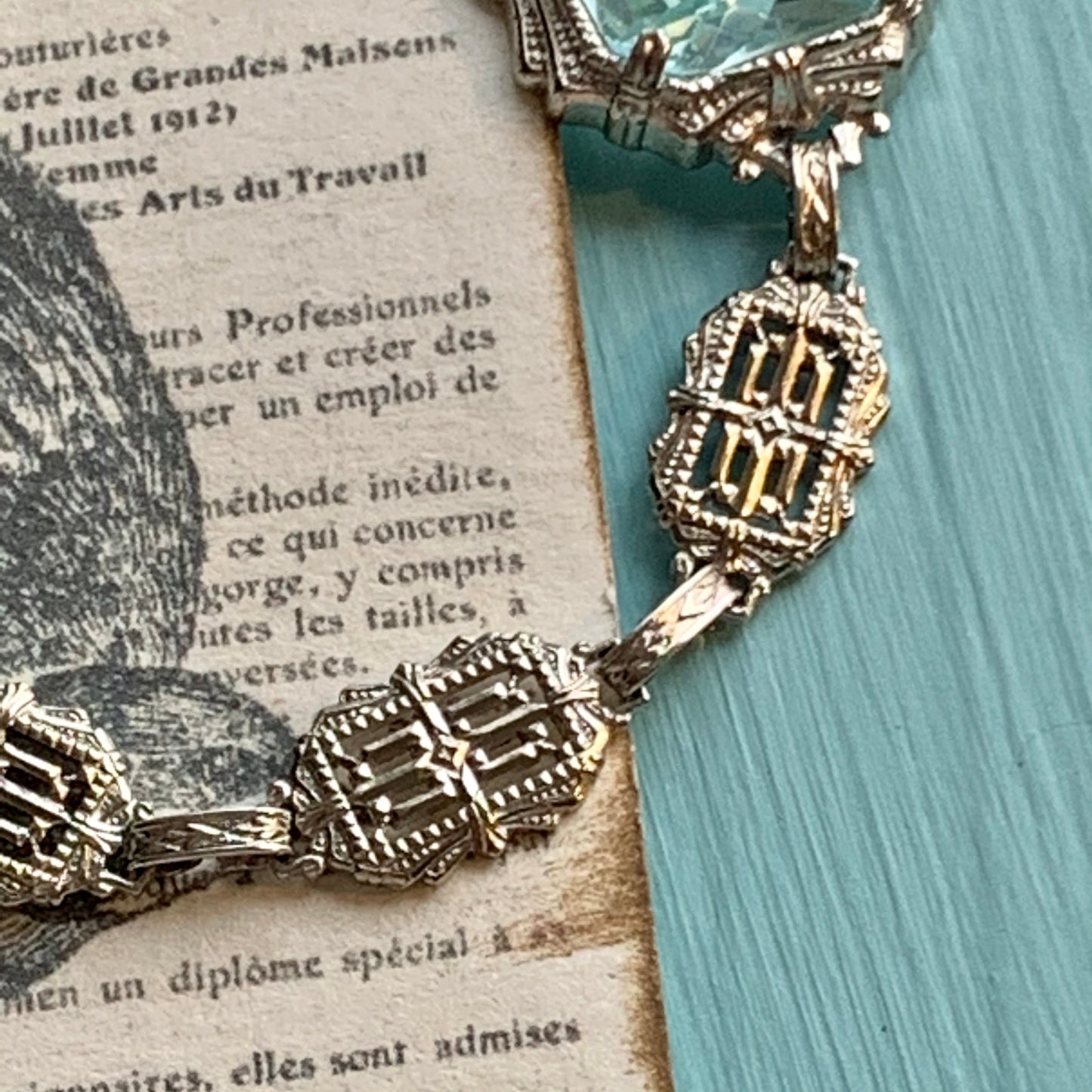 Art Deco Blue Topaz Glass Sterling Silver Bracelet