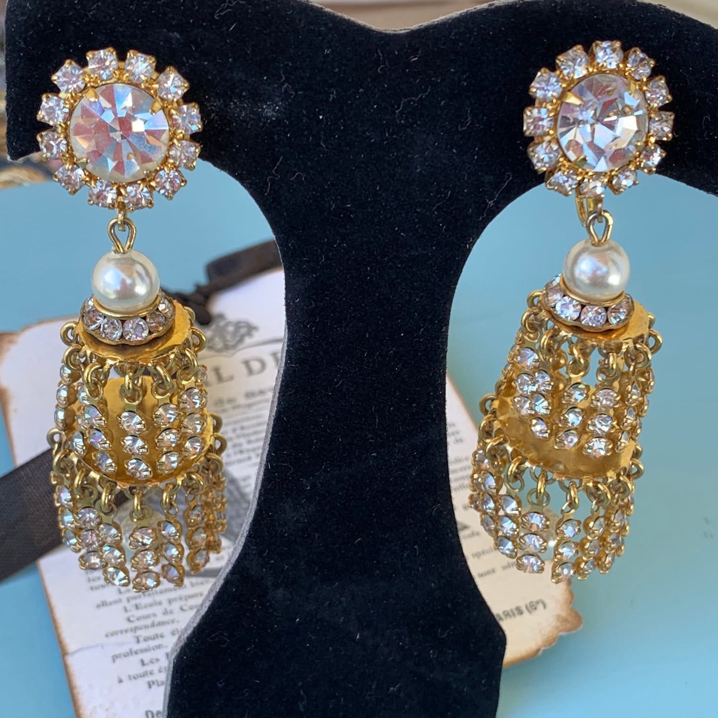 Vintage Floral Rhinestone Chandelier Earrings