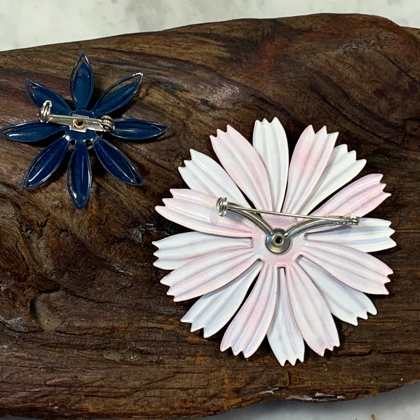 Two Vintage Enamel Flower Pins