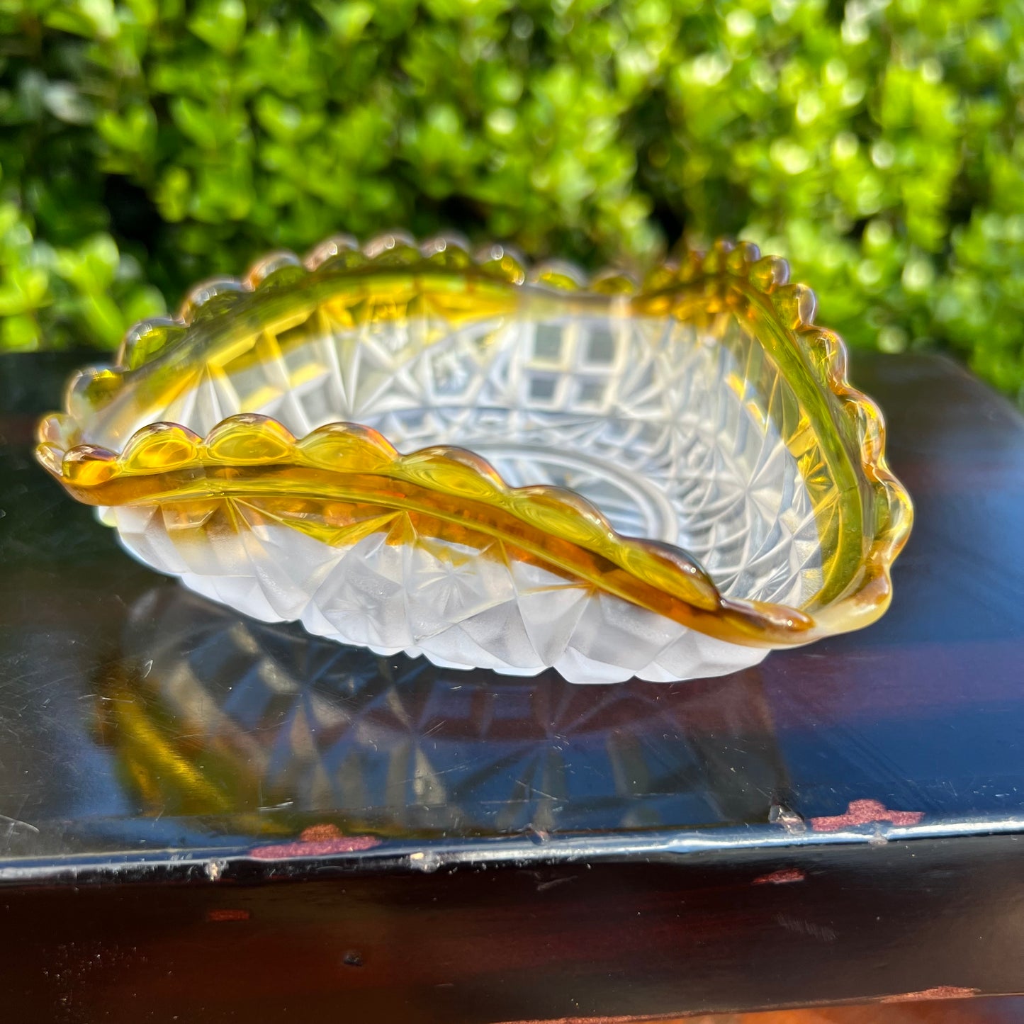 Antique Hobbs Victorian Glass Co Soft Yellow & Frosted Glass Ruffled Edge Dish
