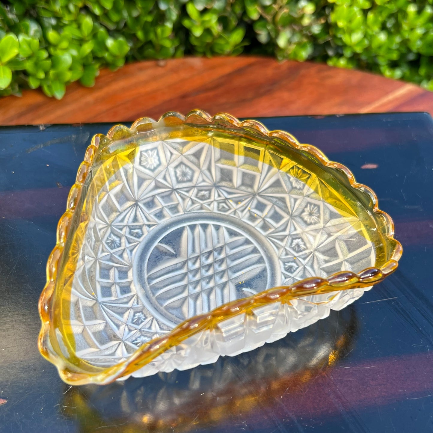 Antique Hobbs Victorian Glass Co Soft Yellow & Frosted Glass Ruffled Edge Dish