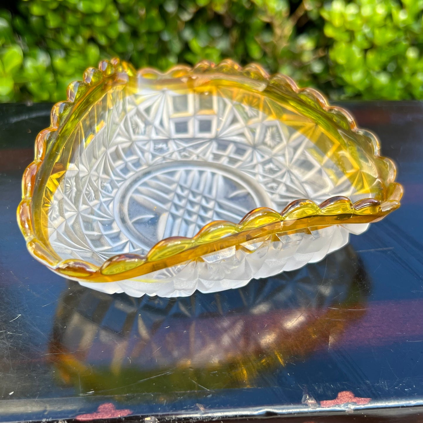 Antique Hobbs Victorian Glass Co Soft Yellow & Frosted Glass Ruffled Edge Dish
