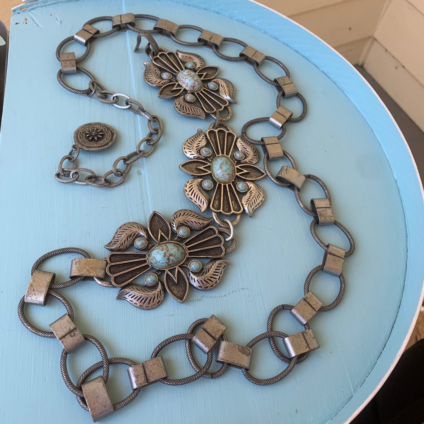 Vintage Southwestern Faux Turquoise Silver Tone Metal Belt