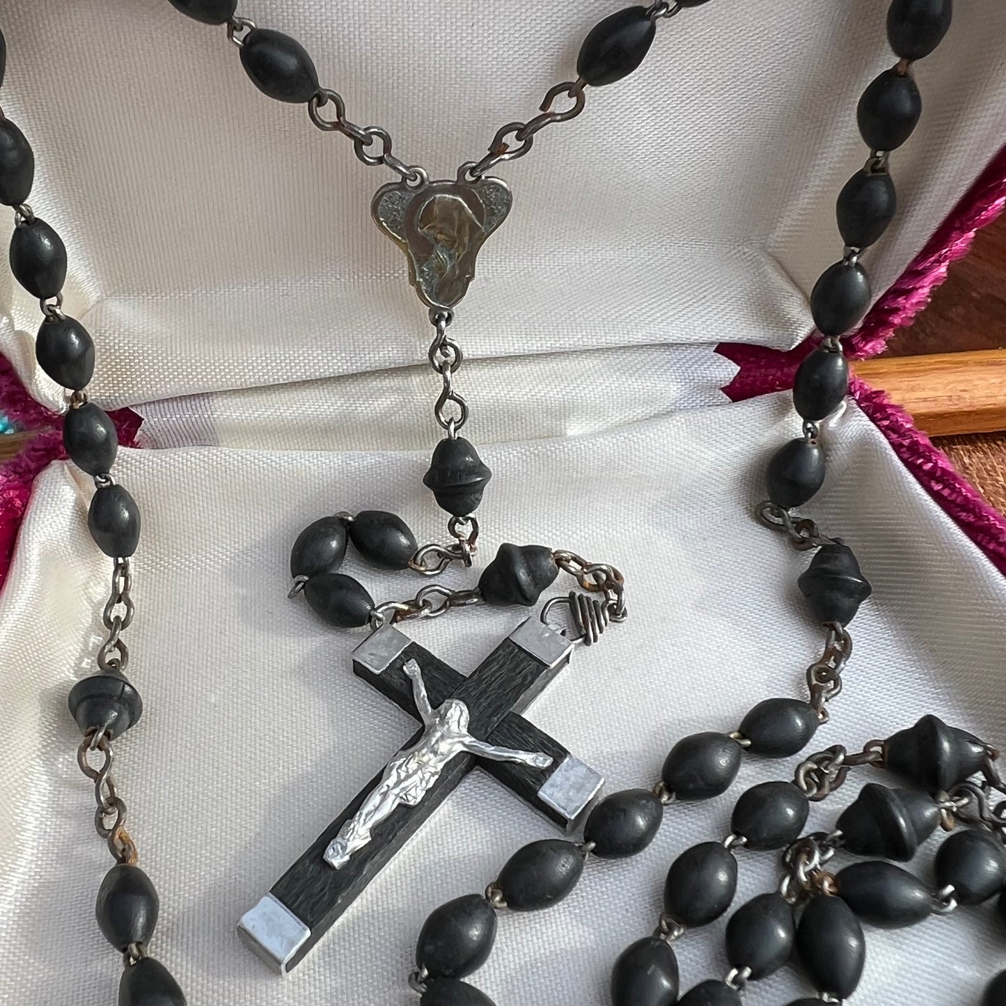 Art Deco French Black Wood Bead Rosary
