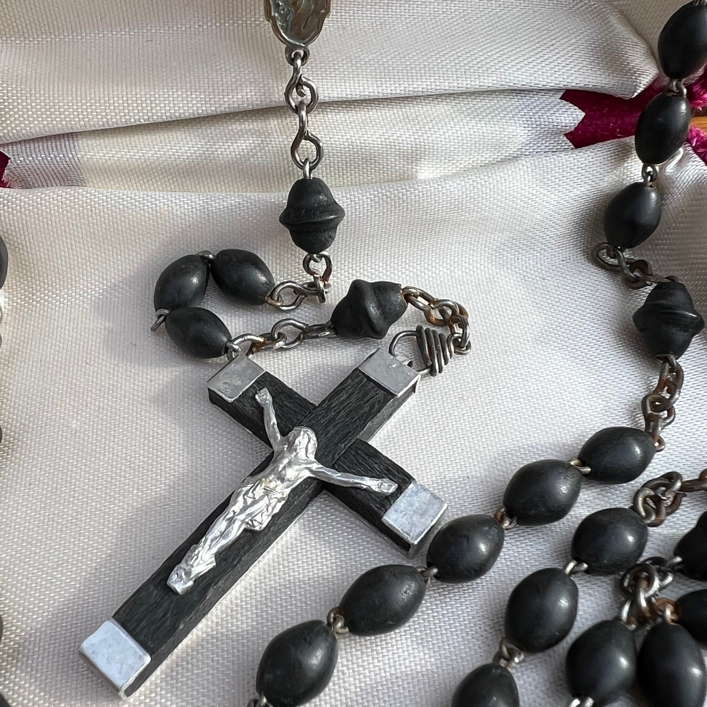 Art Deco French Black Wood Bead Rosary