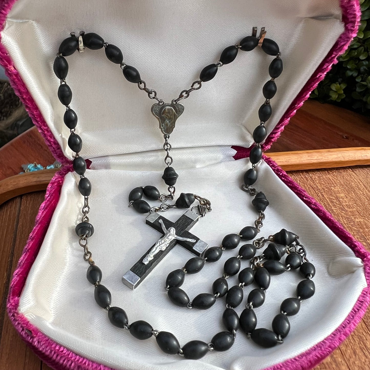 Art Deco French Black Wood Bead Rosary