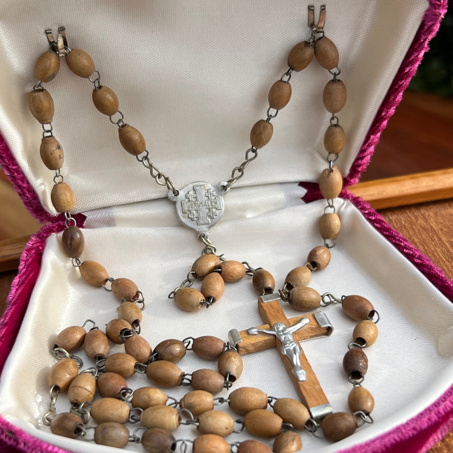 Vintage Olive Wood Terra Sancta Jerusalem Cross Rosary