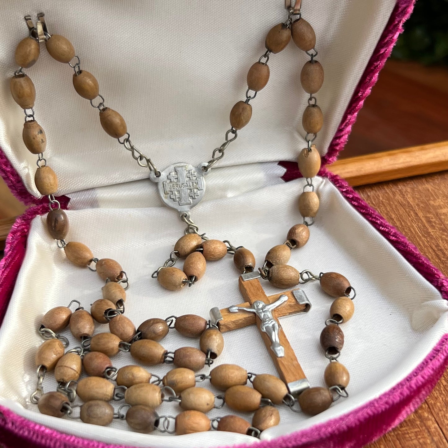 Vintage Olive Wood Terra Sancta Jerusalem Cross Rosary
