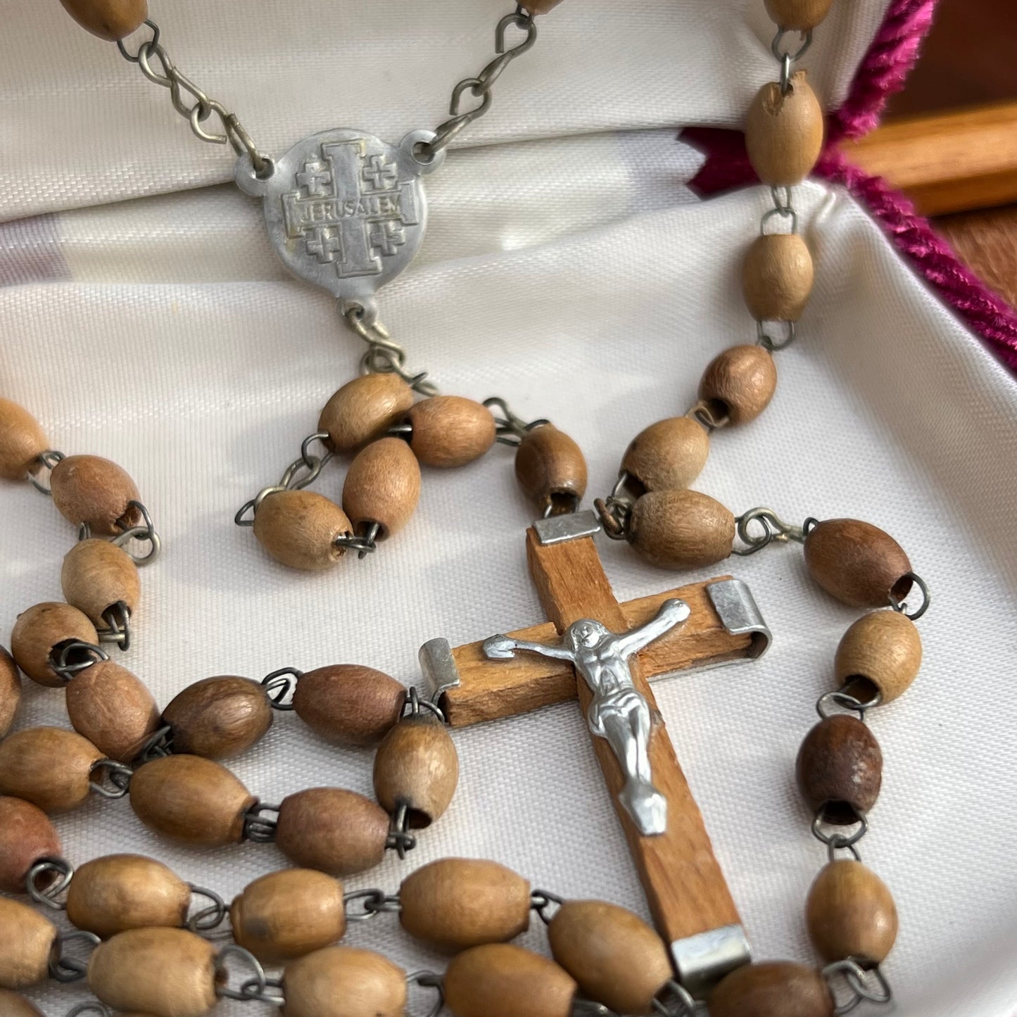 Vintage Olive Wood Terra Sancta Jerusalem Cross Rosary
