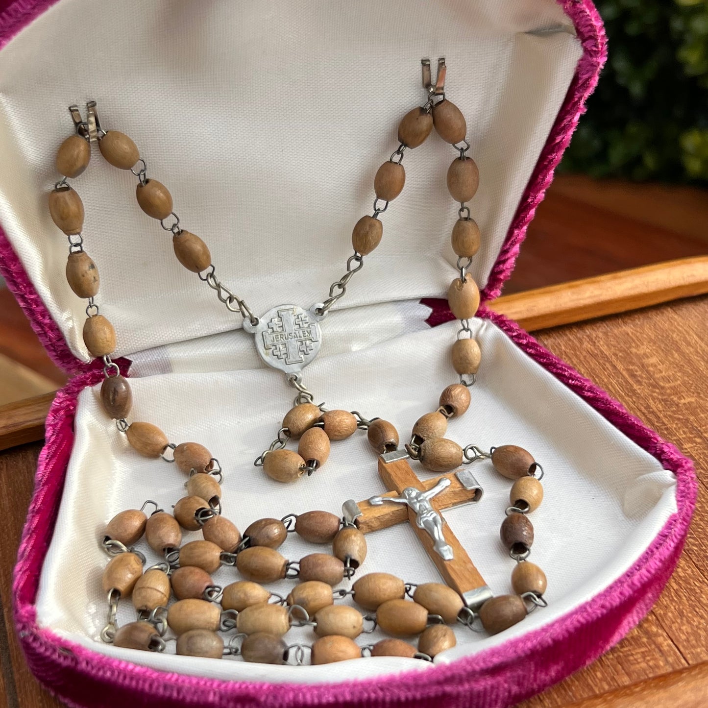 Vintage Olive Wood Terra Sancta Jerusalem Cross Rosary