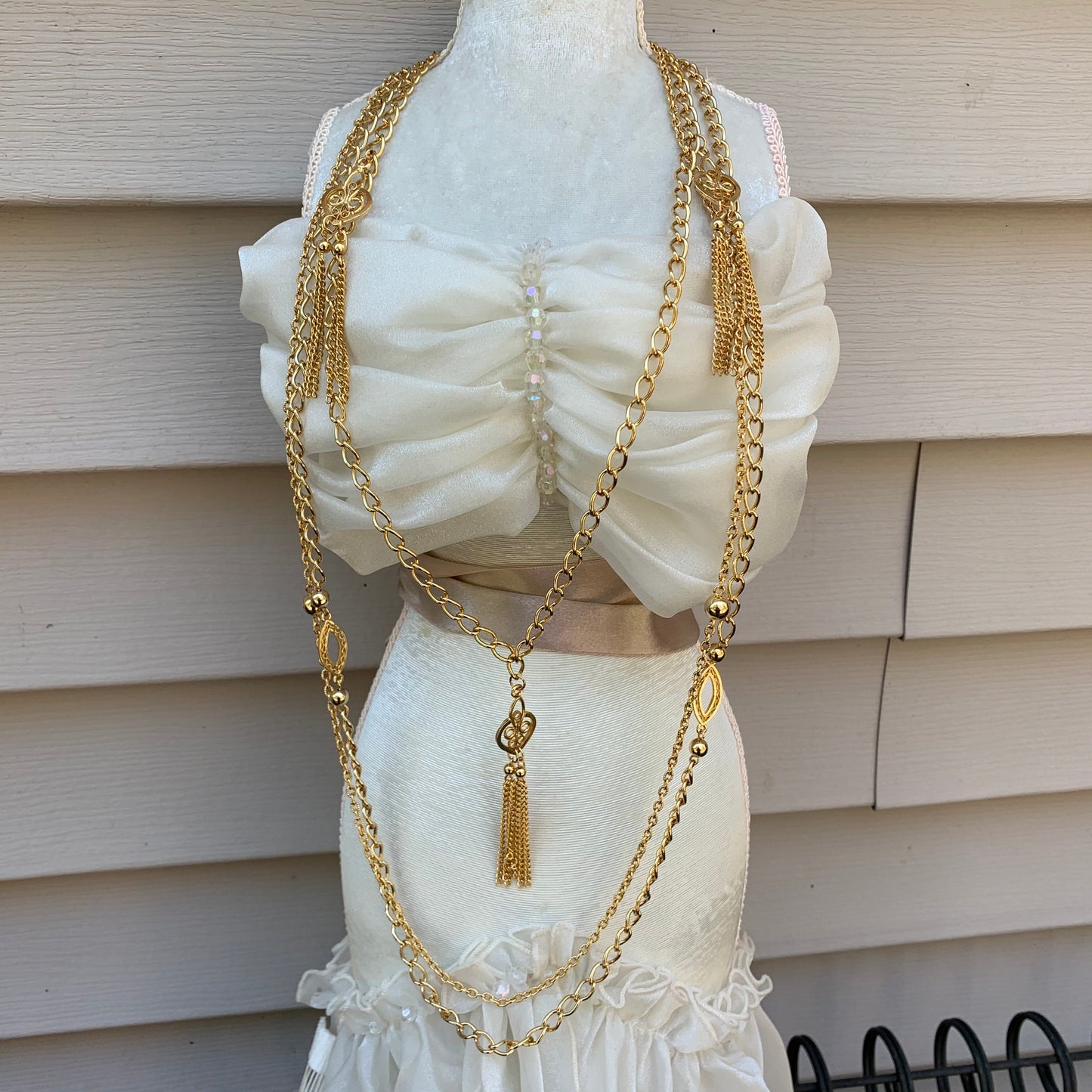 Vintage Triple Strand Gold Tone Metal Pendant Necklace