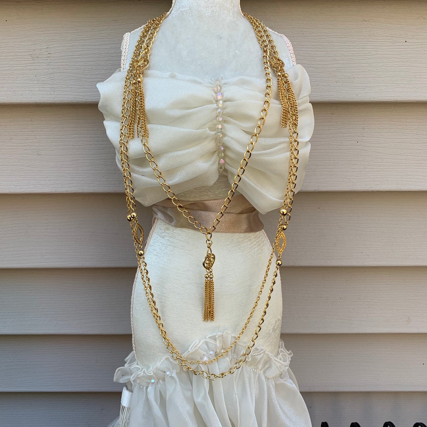Vintage Triple Strand Gold Tone Metal Pendant Necklace