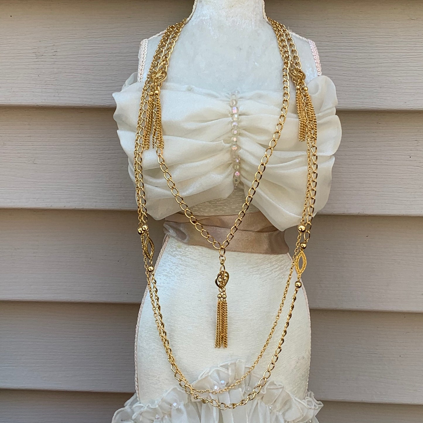 Vintage Triple Strand Gold Tone Metal Pendant Necklace