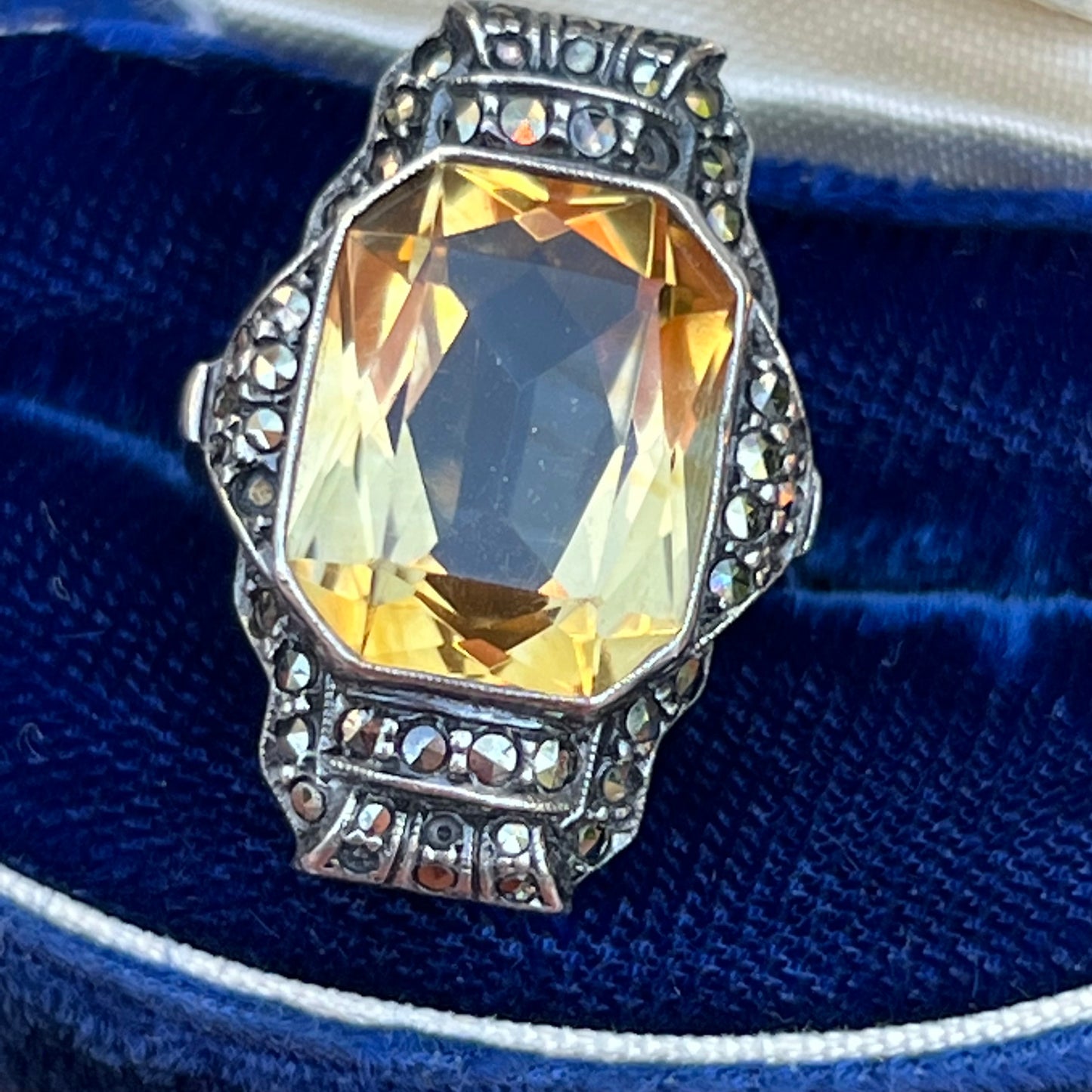 Art Deco German Semi Precious Citrine Gemstone & Marcasite Ring Size 5
