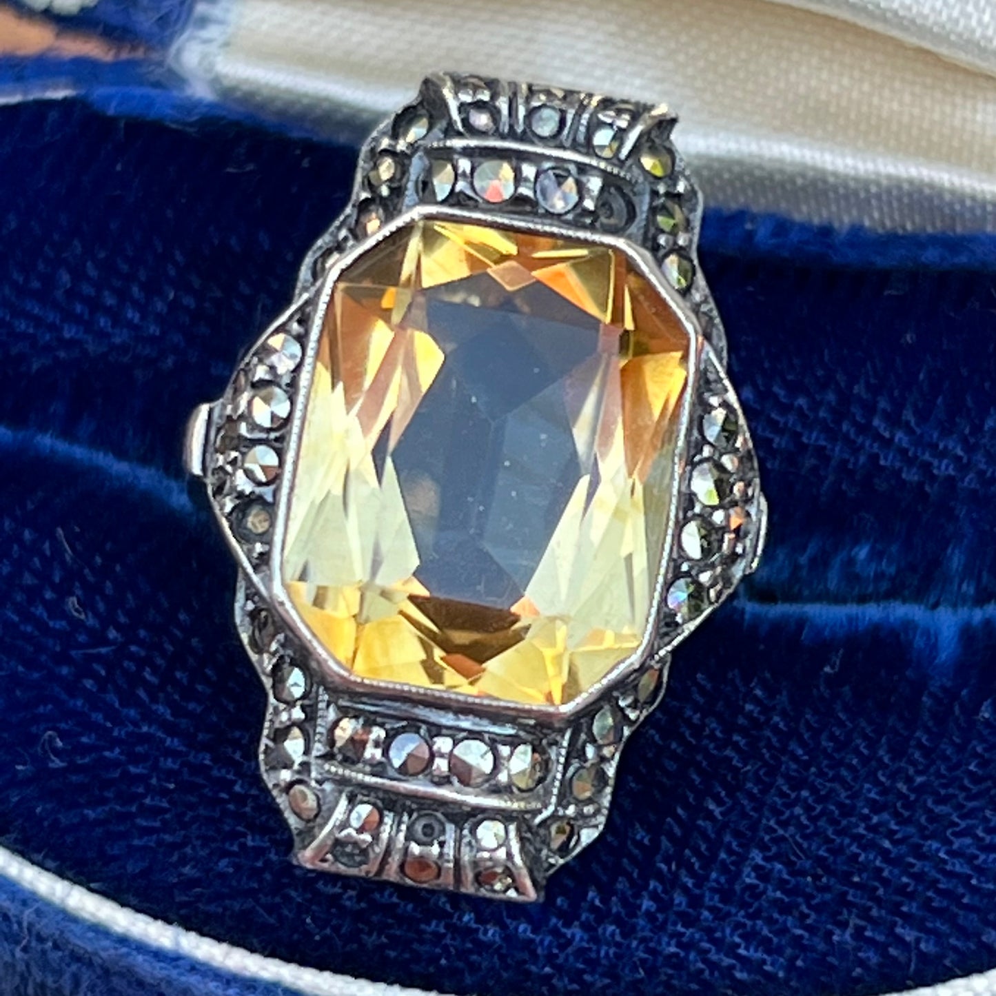 Art Deco German Semi Precious Citrine Gemstone & Marcasite Ring Size 5