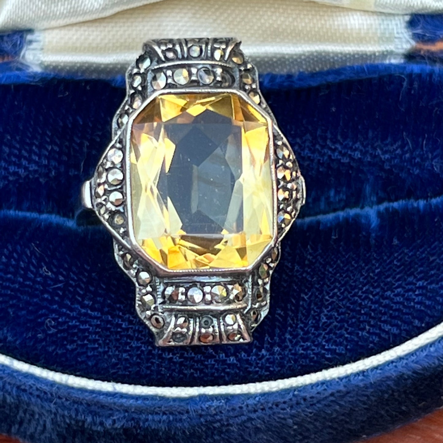 Art Deco German Semi Precious Citrine Gemstone & Marcasite Ring Size 5