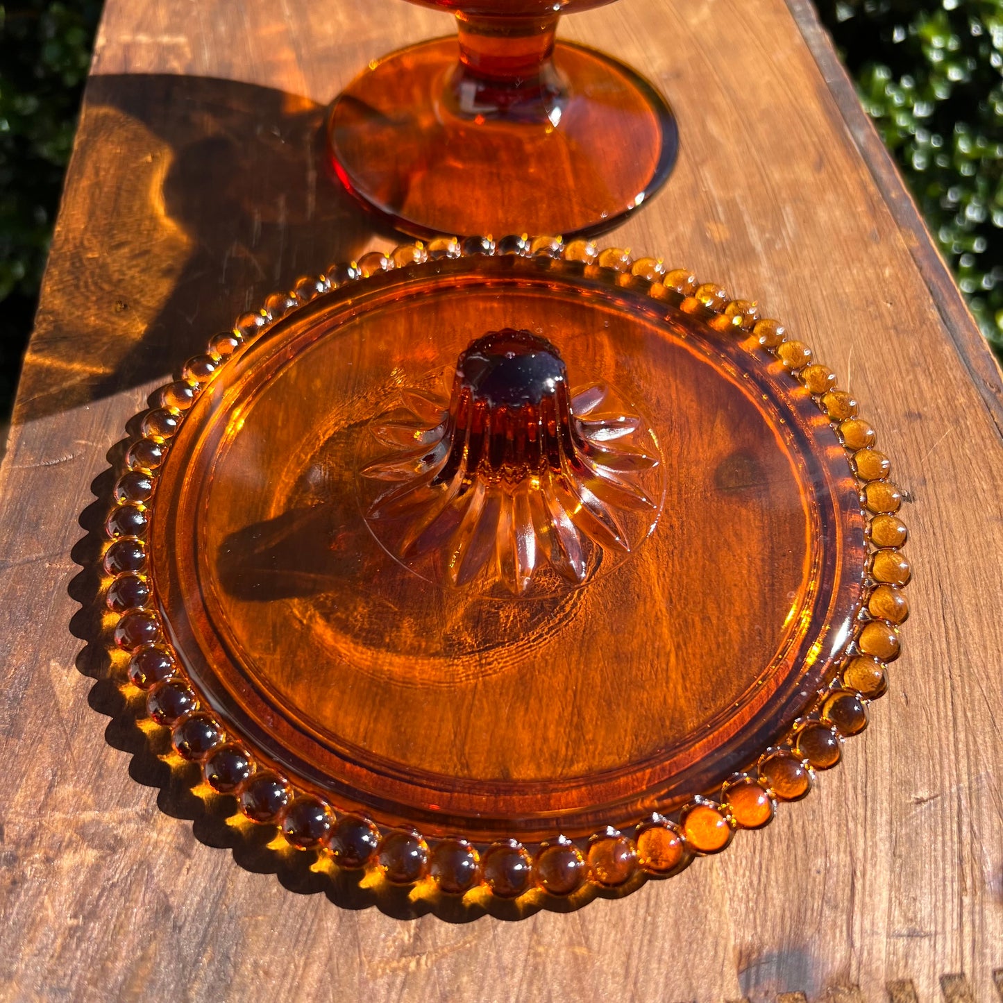 Amber Hued Depression Glass Candy Dish Beaded Edge by Indiana Glass Co.