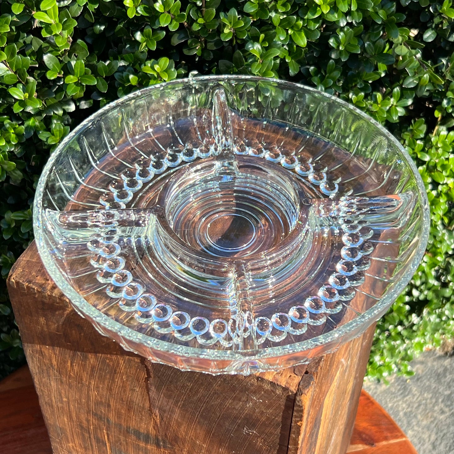 Vintage French Round Glass Divided Dish Round Glass Beads