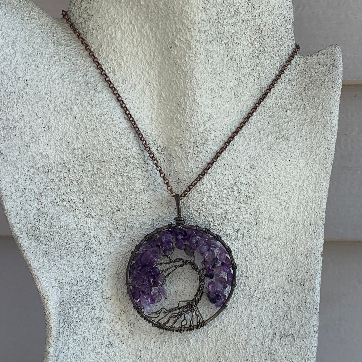 Amethyst Semi Precious Gemstone Tree of Life Copper Wire Necklace
