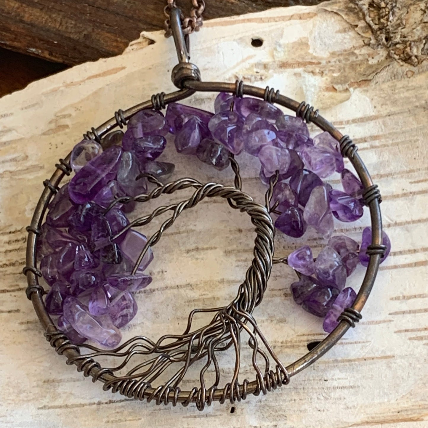Amethyst Semi Precious Gemstone Tree of Life Copper Wire Necklace