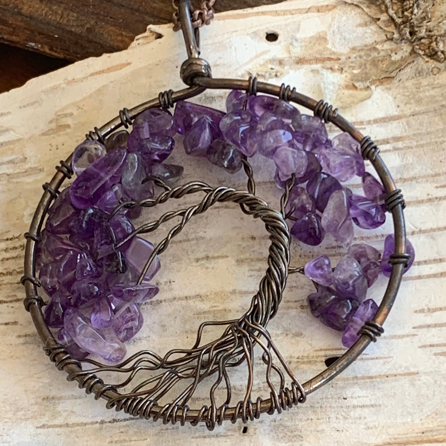 Amethyst Semi Precious Gemstone Tree of Life Copper Wire Necklace