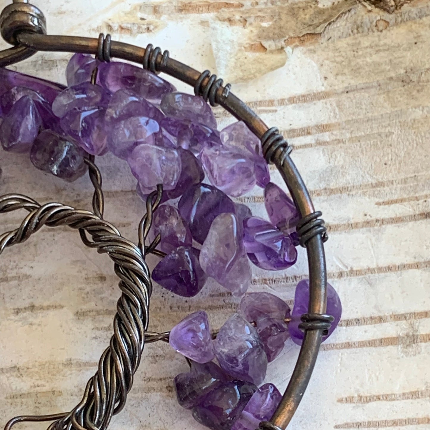 Amethyst Semi Precious Gemstone Tree of Life Copper Wire Necklace