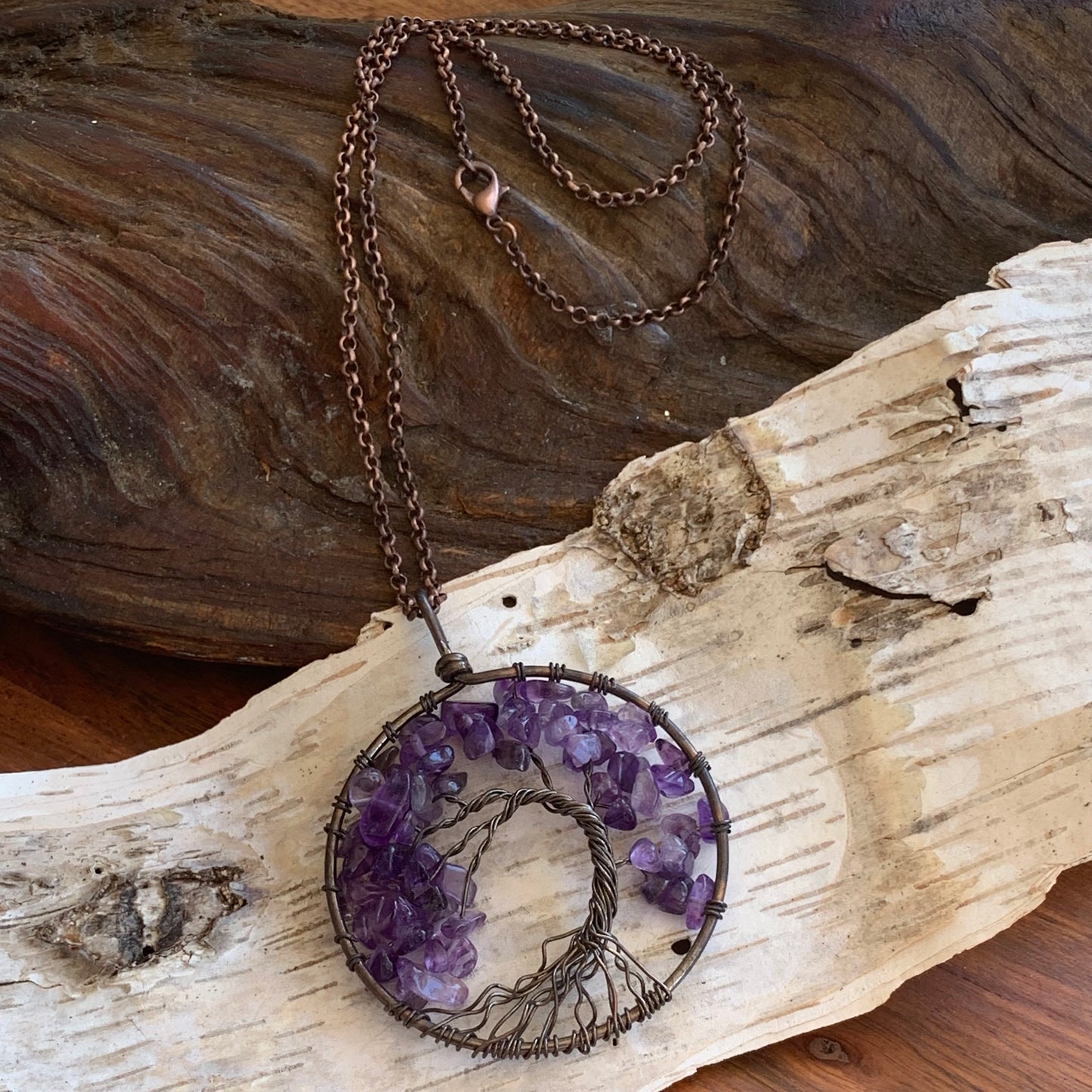 Amethyst Semi Precious Gemstone Tree of Life Copper Wire Necklace