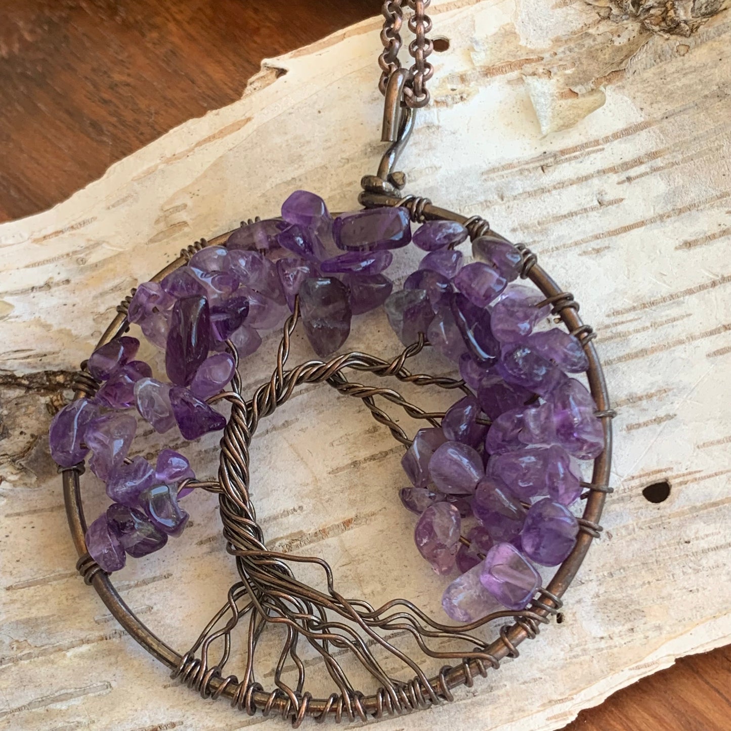 Amethyst Semi Precious Gemstone Tree of Life Copper Wire Necklace