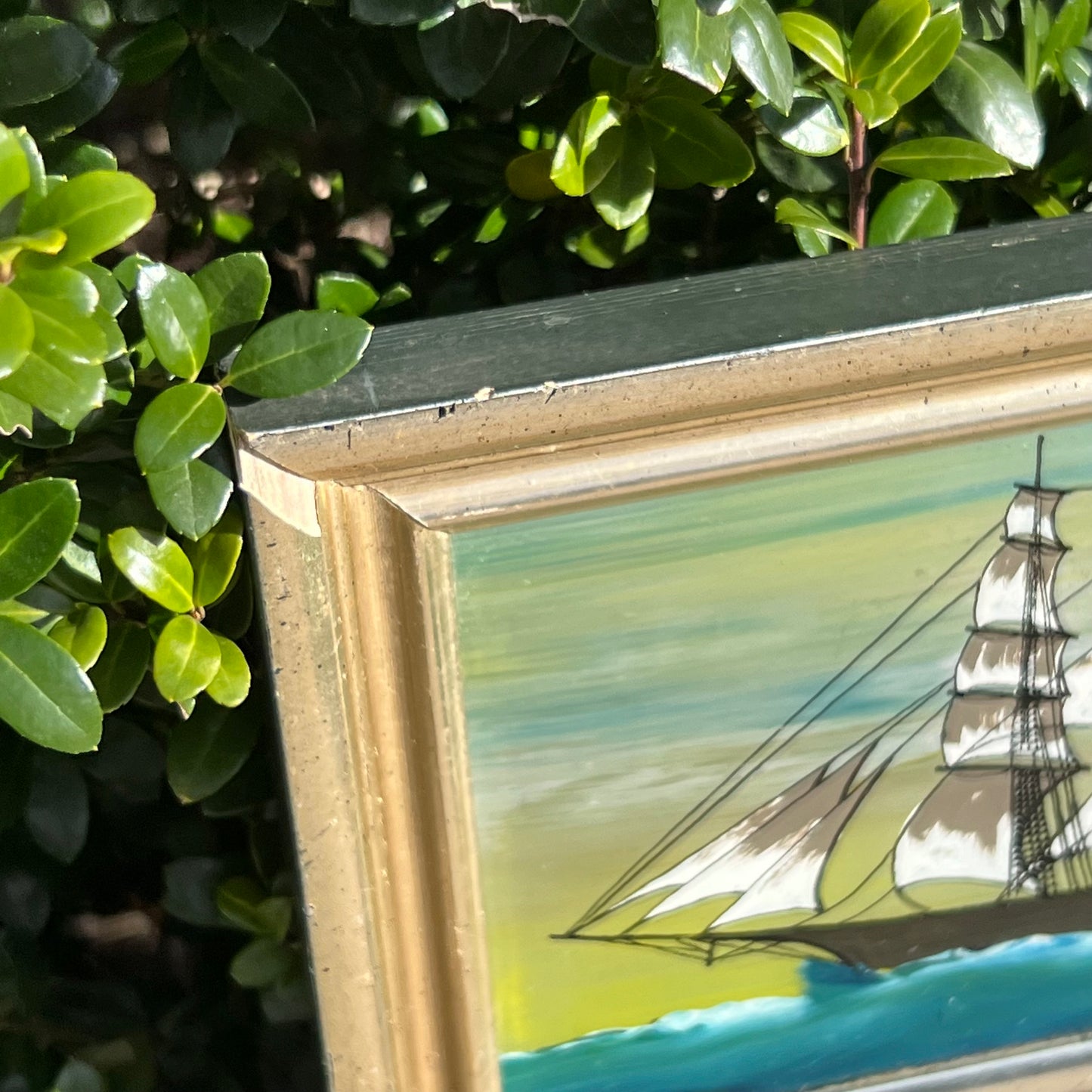 Vintage Reverse Painted Schooner Nautical Trumeau Mirror