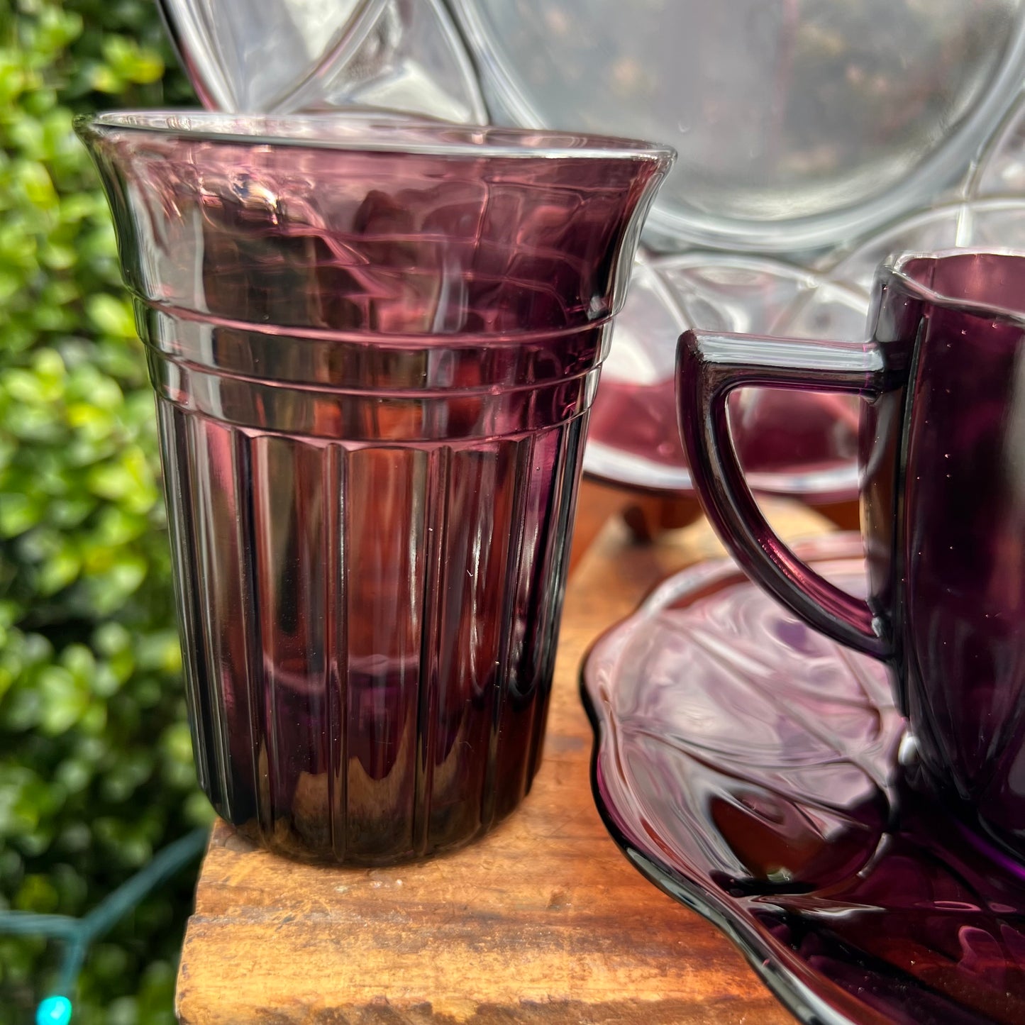 14 Pc Vintage Hazel Atlas Glass Amethyst Moderntone Plates,Tea Cups +
