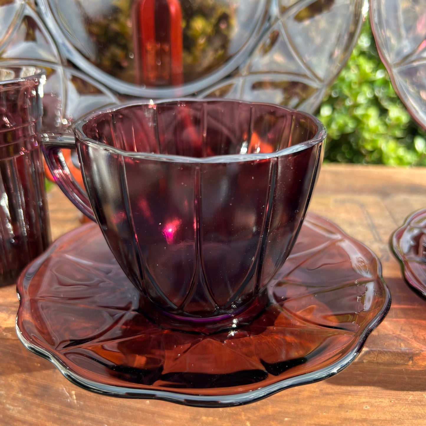 14 Pc Vintage Hazel Atlas Glass Amethyst Moderntone Plates,Tea Cups +